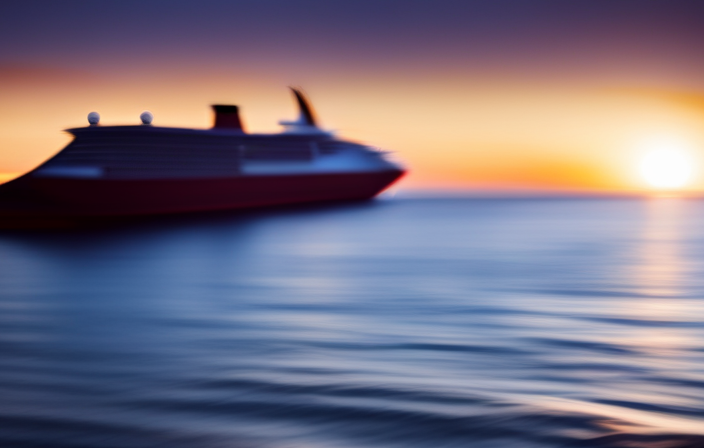 An image showcasing a picturesque sunset at sea, with a cruise ship gently gliding through calm waters