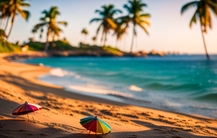 An image showcasing the vibrant essence of Puerto Vallarta: a golden sandy beach framed by lush palm trees, with crystal-clear turquoise waters gently crashing onto the shore, while colorful parasols dot the landscape