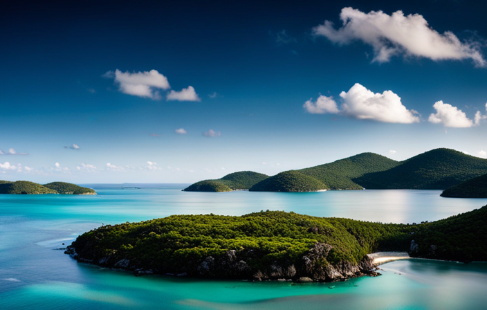 An image showcasing the breathtaking coastline of the Virgin Islands, with crystal-clear turquoise waters gently caressing white sandy beaches, vibrant coral reefs teeming with exotic marine life, and lush tropical forests cascading down rolling hills