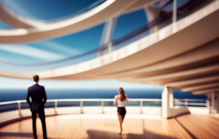 An image showcasing a vibrant cruise ship deck, filled with passengers engaged in various activities like swimming in the pool, practicing yoga on the sundeck, enjoying live music in the lounge, and playing basketball on the sports court