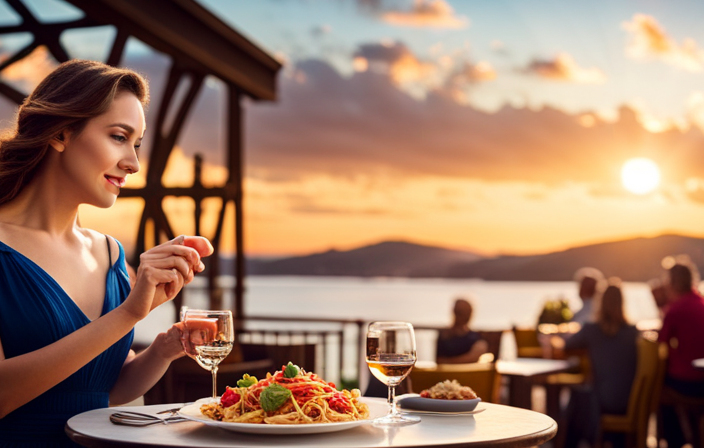 An image that showcases the vibrant Italian influence of MSC Cruises: a rustic trattoria nestled on a sun-kissed deck, where guests savor delectable pasta dishes while surrounded by picturesque coastal landscapes and the warm glow of philanthropic endeavors