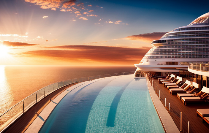 An image showcasing the sleek and futuristic design of MSC World Europa, with its panoramic glass walls reflecting the vibrant sunset over the ocean, while passengers enjoy the awe-inspiring infinity pool on the deck