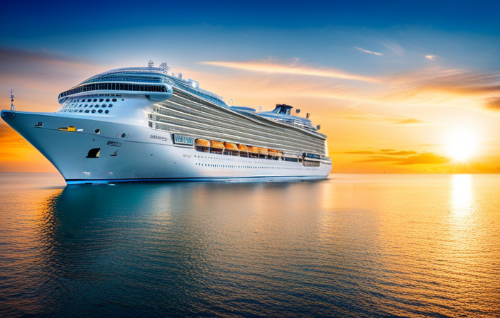 the immense scale of Icon Of The Seas, the world's largest sustainable cruise ship, as it glides gracefully through crystal-clear turquoise waters, adorned with solar panels and lush greenery, showcasing its commitment to eco-friendly travel