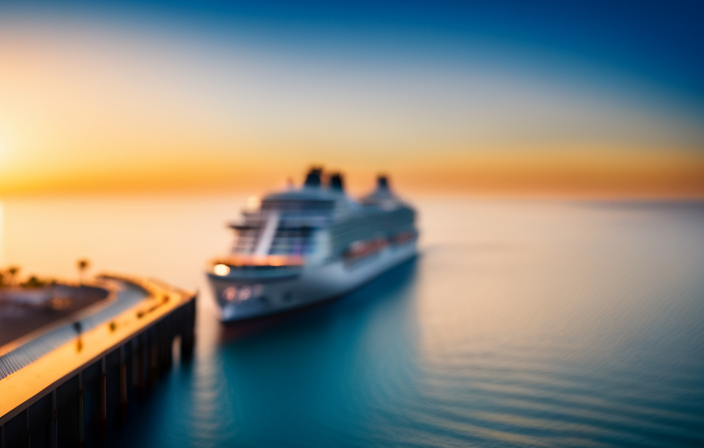 An image showcasing a majestic sunset over the turquoise waters, as a towering Msc cruise ship glides through the shimmering waves, revealing breathtaking coastal landscapes and vibrant on-board activities