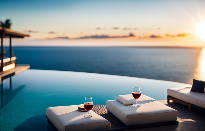 An image that captures the essence of Celebrity Cruises' opulence: a sun-kissed pool deck adorned with plush, white loungers, glistening infinity pools, and elegant cocktail glasses, all framed by a breathtaking ocean view
