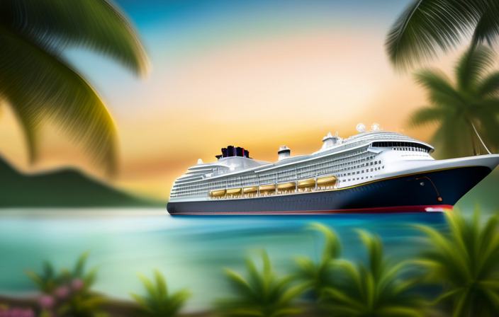 An image of a majestic Disney cruise ship anchored in a turquoise bay, surrounded by lush tropical vegetation