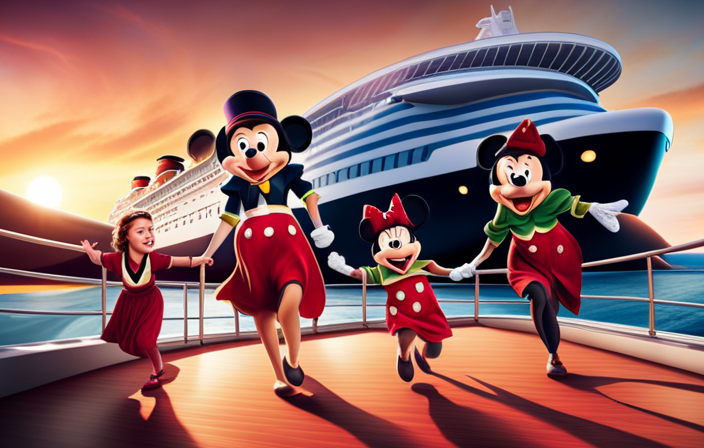 An image showcasing a family happily boarding a Disney Cruise Line ship, with bright smiles, colorful attire, and a sense of excitement