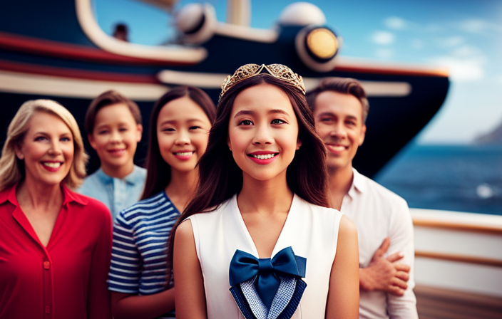 An image showcasing a joyful family on a Disney cruise ship, surrounded by vibrant characters and adorned with a "50% off" banner, emphasizing the exciting discount details and insider tips for onboard booking