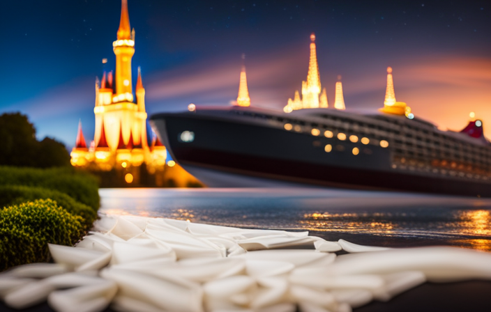 An image showcasing contrasting elements: a majestic Disney cruise ship sailing under a starry night sky, while in the distance, the iconic Cinderella Castle stands tall amidst the vibrant colors of Disney World's Magic Kingdom