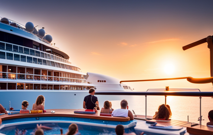 An image featuring a vibrant, sun-kissed cruise ship deck bustling with first-time cruisers immersed in Disney, Msc, Carnival, and Royal Caribbean experiences
