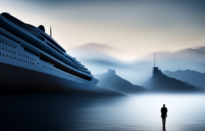 An image of a serene seascape with a towering cruise ship in the background