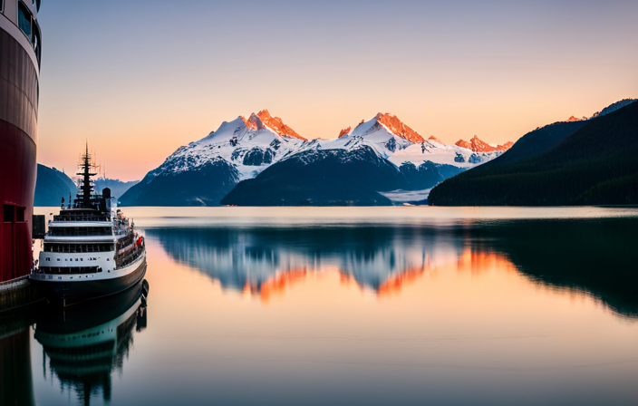 An image showcasing a serene Alaskan coastal landscape with a magnificent cruise ship docked nearby