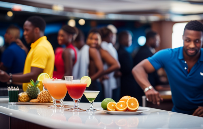 An image that captures the vibrant atmosphere of a Bahamian cruise: a deck adorned with colorful tropical cocktails, bartenders skillfully mixing drinks, and passengers delighting in the freedom to enjoy their beverages, reflecting the relaxed drinking age in this idyllic setting