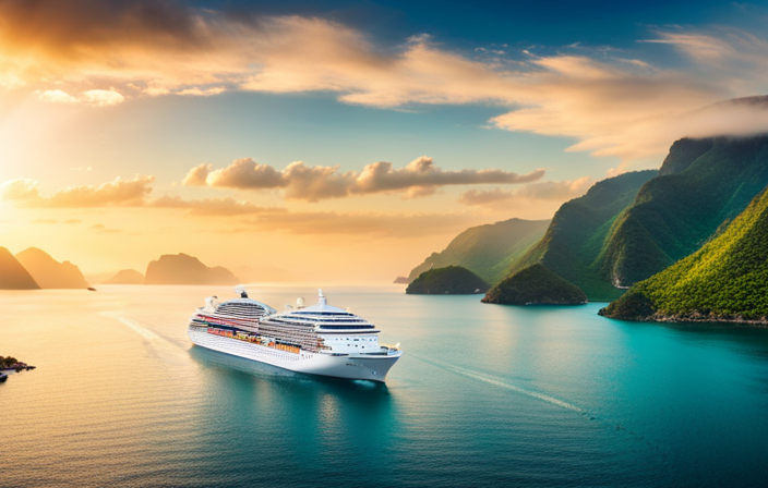 the essence of an epic world cruise adventure with an image of a magnificent cruise ship sailing through turquoise waters, surrounded by breathtaking landscapes and dotted with vibrant ports of call, promising endless exploration and unforgettable experiences