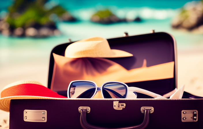 An image showcasing a vibrant tropical beach scene, with a suitcase open to reveal a collection of essential cruise ship gifts, like a sun hat, sunscreen, snorkel gear, and a camera