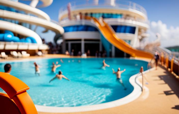 An image showcasing a vibrant pool deck on a cruise ship, with people of all ages splashing in the crystal-clear waters, thrilling water slides twisting in the background, and energetic poolside entertainment filling the atmosphere with joy and excitement