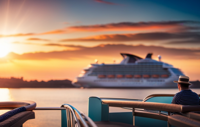 An image showcasing a majestic, state-of-the-art cruise ship, adorned with gleaming glass railings and a sprawling deck adorned with vibrant sun loungers, while the backdrop displays crystal-clear turquoise waters and a breathtaking sunset