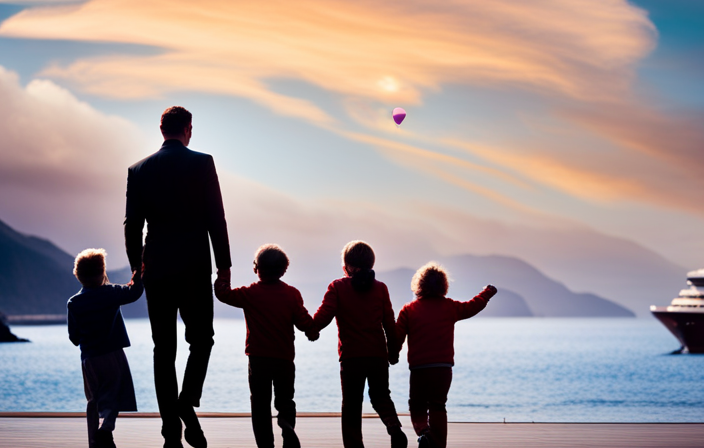 An image showcasing a joyful family boarding a luxurious Norwegian cruise ship, with vibrant balloons floating in the background and a beaming crew member presenting them with a gleaming gold Latitudes Rewards card