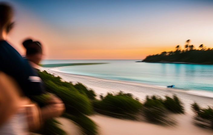 An image capturing the vibrant sunrise over Disney's Castaway Cay, as runners traverse the pristine white sand beaches, surrounded by turquoise waters, palm trees, and tropical foliage during the exhilarating 5k race