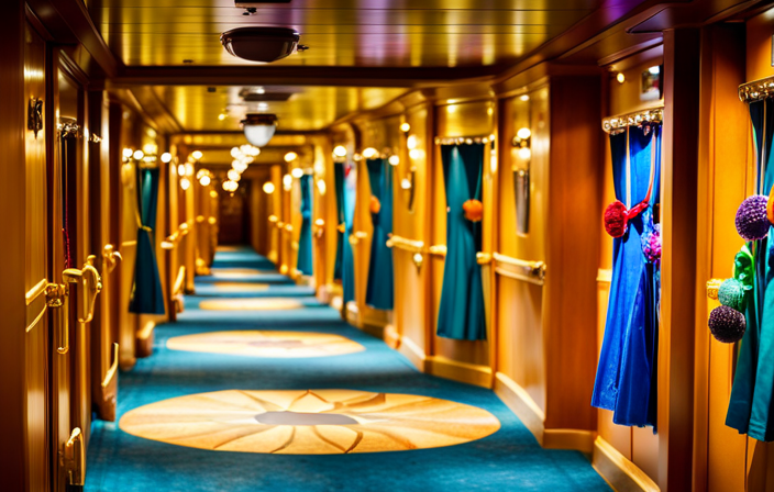 An image showcasing a colorful hallway on a Disney Cruise Line ship, adorned with numerous whimsical fish extenders hanging outside cabin doors, each filled with surprises and trinkets for fellow passengers