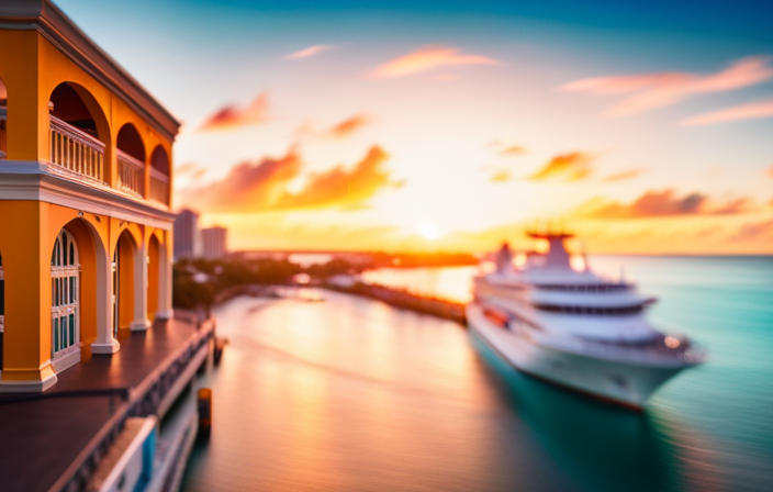 An image showcasing the vibrant colors of Nassau, Bahamas: a bustling cruise port adorned with pastel-colored buildings, palm trees swaying in the tropical breeze, crystal-clear turquoise waters, and sun-kissed tourists strolling along the lively streets