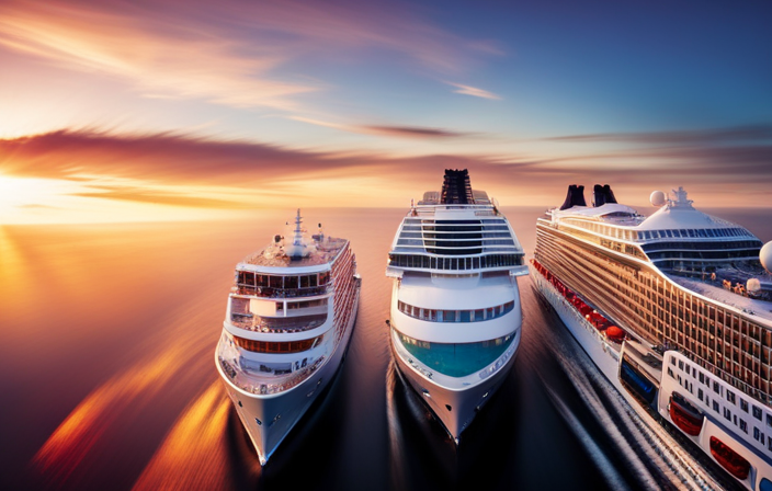 An image capturing the majestic fleet of Norwegian Cruise Line, showcasing sleek ships adorned with vibrant hull art, towering decks adorned with sparkling pools, and panoramic views of breathtaking landscapes