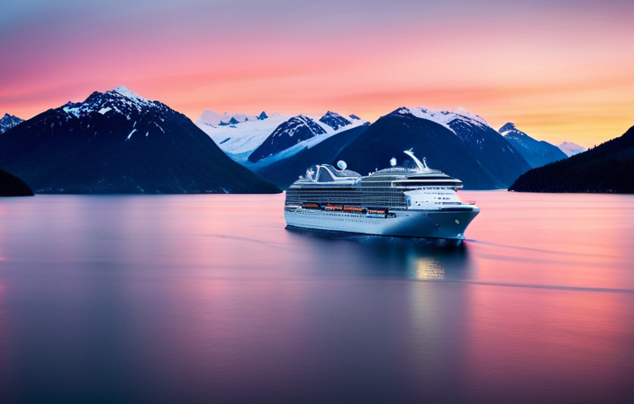 An image of a majestic Princess cruise ship sailing through the serene Alaskan fjords, surrounded by icy blue glaciers, snow-capped mountains, and playful whales breaching the crystal-clear waters beneath a vibrant pink sunset sky