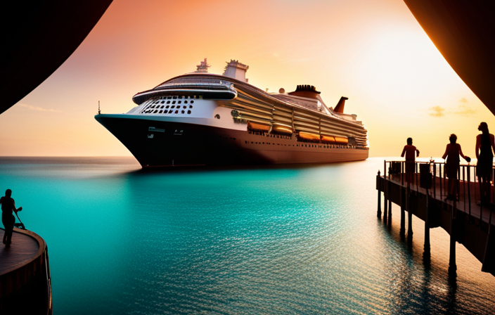 An image that showcases the majestic silhouette of Royal Caribbean's grandest ship against a vibrant backdrop of turquoise waters and lush tropical islands, capturing the essence of their diverse fleet and captivating voyages