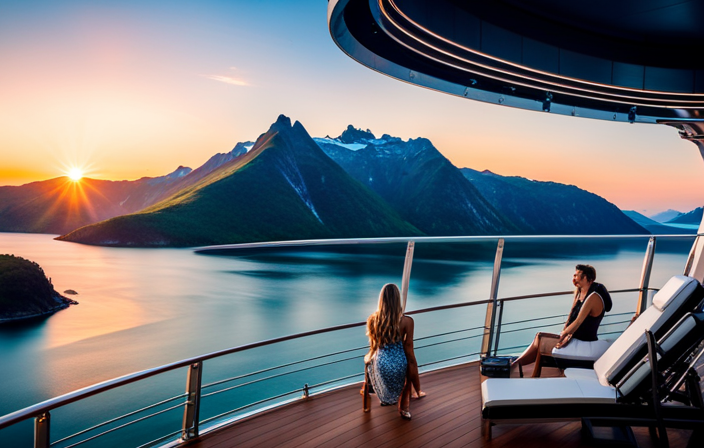 the breathtaking view of the Norwegian Bliss at sunset, showcasing its innovative Aqua Park, thrilling water slides, and luxurious sun loungers, while the ship gracefully glides through the pristine Norwegian fjords