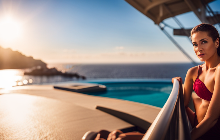 An image that showcases the grandeur of modern cruise ships, depicting a vibrant pool deck with water slides, lush palm trees, panoramic ocean views, and passengers enjoying exhilarating activities like rock climbing, zip-lining, and surfing