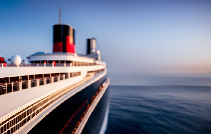the grandeur of the Queen Mary 2 as she glides through the mighty Atlantic Ocean, showcasing her elegant decks adorned with sparkling chandeliers, towering smokestacks, and the iconic red funnel against a backdrop of endless sea