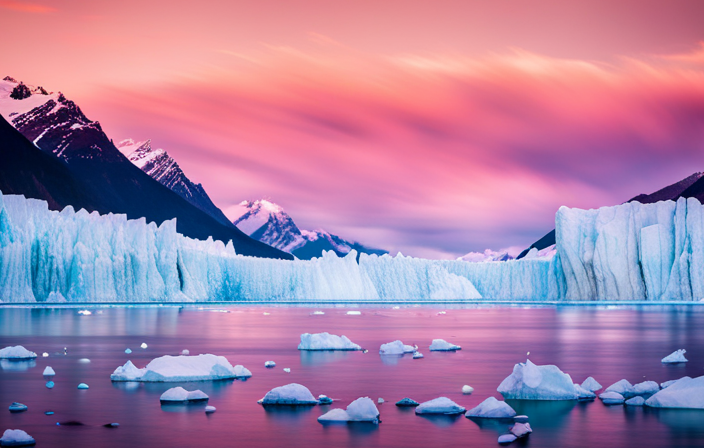 An image capturing the awe-inspiring sight of a massive glacier, as Disney's cruise ship sails amidst the icy waters of Alaska, surrounded by snow-capped mountains and a breathtaking sky painted with shades of pink and purple