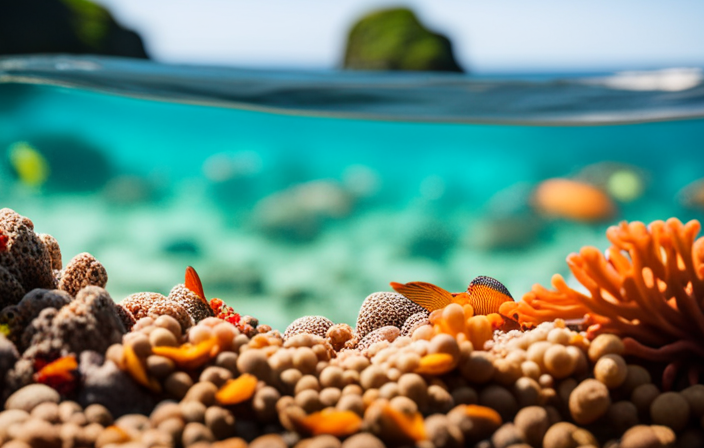 An image capturing a vibrant coral reef teeming with colorful fish, juxtaposed against a crowded tourist-filled beach