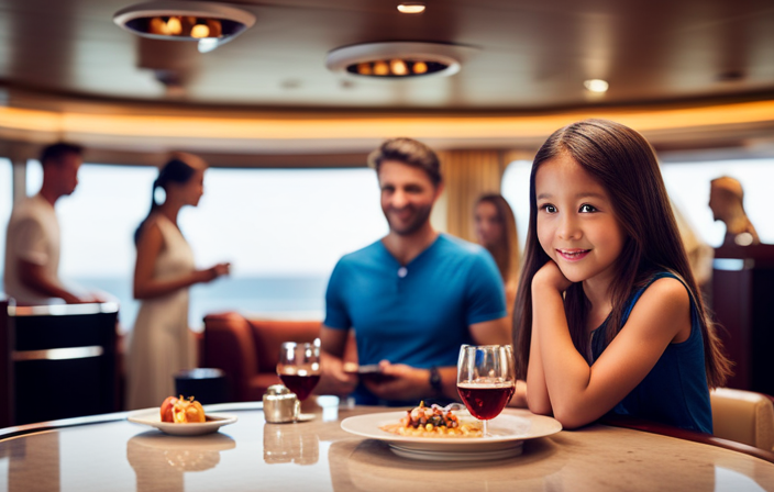 An image showcasing a family happily exploring a Disney Cruise ship's luxurious amenities, while in the background, the diverse range of on-board activities, entertainment options, and dining experiences are vividly portrayed