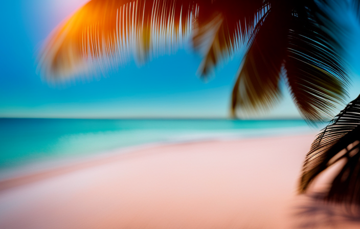 An image showcasing a serene sunrise over crystal-clear turquoise waters, with palm trees casting long shadows on a pristine white-sand beach