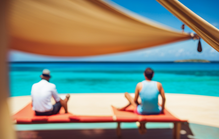 An image showcasing a sun-kissed deck adorned with vibrant potted plants, a cozy hammock swaying gently in the breeze, and a contented man reclining on a plush chair, his eyes fixed on the endless expanse of turquoise waters