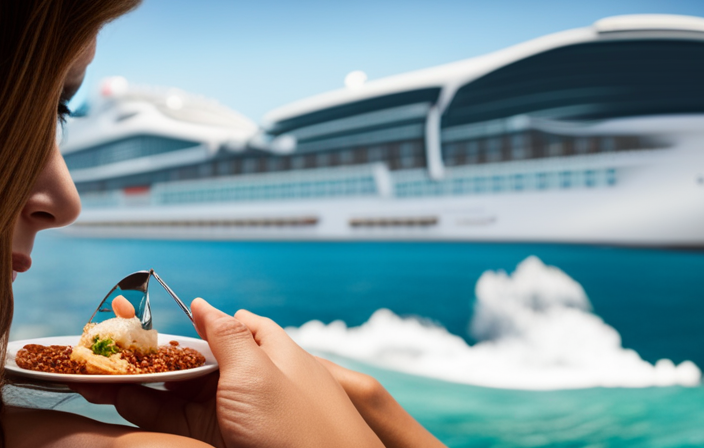 An image capturing the awe-inspiring sight of the majestic Princess Cruise ship gliding through crystal-clear turquoise waters, surrounded by breathtaking landscapes, while passengers revel in delightful activities and indulge in decadent cuisine