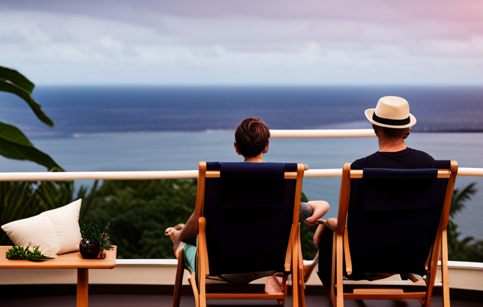 An image showcasing a serene ocean view from a Holland America cruise ship deck, with a couple enjoying the flexibility of cancellation and protection plans, as they relax in comfortable deck chairs surrounded by lush greenery
