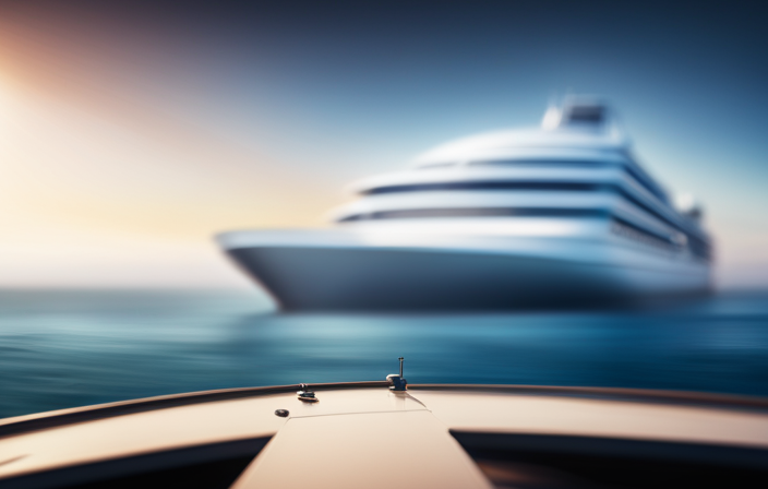 An image showcasing a vast cruise ship's exterior, displaying its towering decks