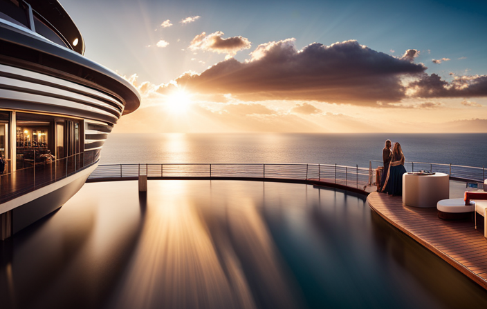 An image showcasing the vastness of Celebrity Cruise Ships by capturing a panoramic view of their colossal decks lined with luxurious pools, towering sun loungers, and endless rows of elegant cabins stretching towards the horizon