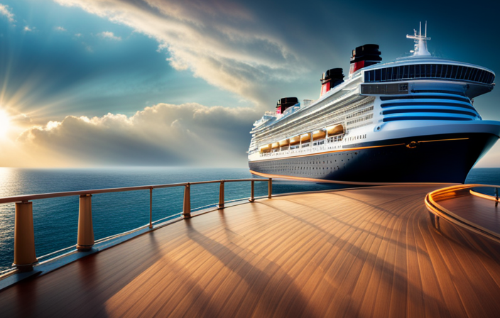 An image that showcases the colossal scale of Disney Cruise Ships, revealing their towering height as they gracefully glide through sparkling blue ocean waters, adorned with vibrant colors, iconic Disney characters, and a multitude of decks and windows