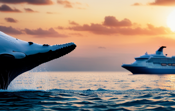 An image showcasing the awe-inspiring size difference between a majestic whale and a colossal cruise ship, vividly portraying the massive scale of the two entities, leaving viewers in awe of nature's grandeur