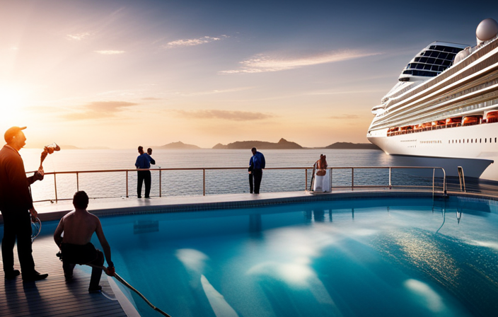 An image showcasing a massive cruise ship's pool-filling process: A technician operates a state-of-the-art system, drawing water from the ship's desalination system, while pool attendants monitor crystal-clear water being pumped into the luxurious pool deck