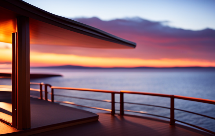 An image showcasing a cruise ship's deck at sunset, with a sweeping view of empty cabins adorned with plush pillows and crisp linens