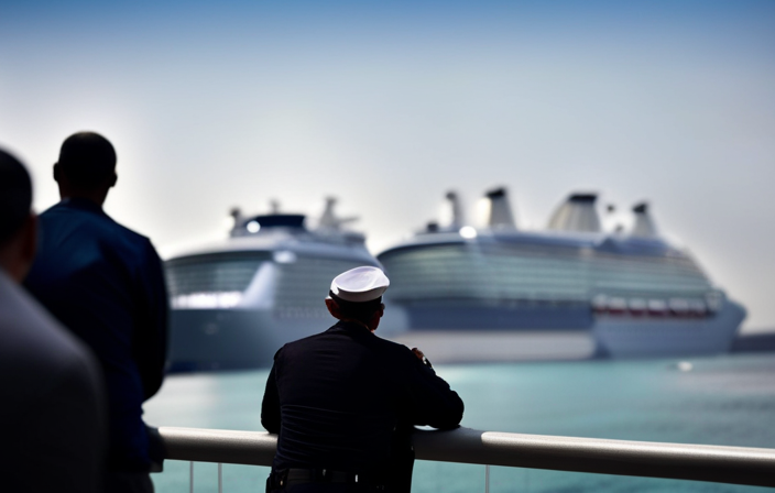 An image capturing the stern view of a massive cruise ship, showcasing its powerful water cannons poised for action, while navy-blue security patrol boats encircle it, safeguarding against pirate attacks