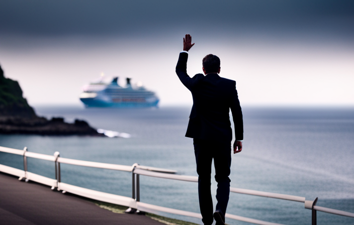 An image featuring a frustrated passenger, surrounded by a serene ocean backdrop, desperately waving their arms towards a distant Norwegian Cruise Line ship