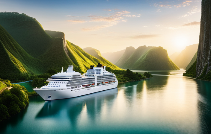 An image depicting a cruise ship sailing through a loop-shaped canal, surrounded by towering cliffs and lush greenery, showcasing its closed-loop route