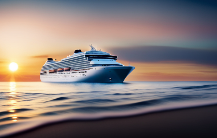 An image of a serene ocean sunset, with a massive cruise ship gracefully sailing on the calm waters