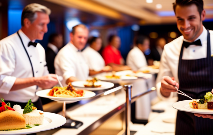 An image capturing the vibrant Carnival Cruise dining experience: A bustling buffet lined with endless rows of delectable cuisines, guests indulging in mouthwatering dishes, chefs meticulously crafting culinary masterpieces, and smiling waitstaff ensuring a delightful dining voyage