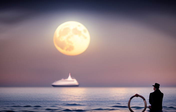 An image: A serene, moonlit cruise ship glides through calm waters, as a single white life ring floats ominously nearby